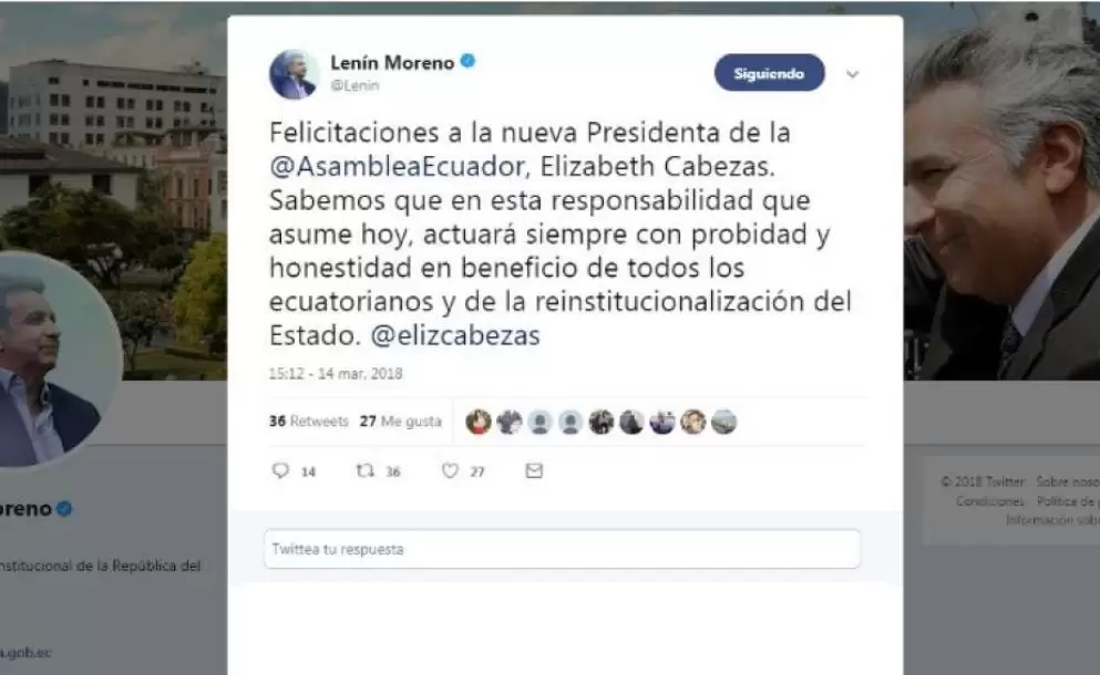 Presidente Moreno felicita a Elizabeth Cabezas por la presidencia de la Asamblea