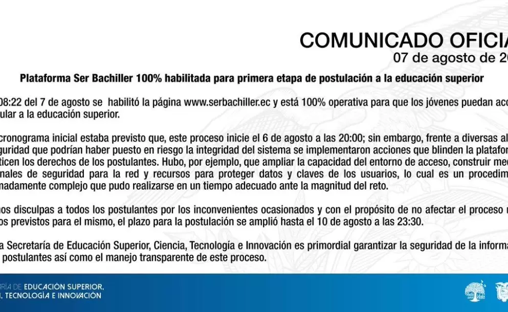 Bachilleres podrn postularse para carreras hasta las 23:30 del viernes 10 de agosto