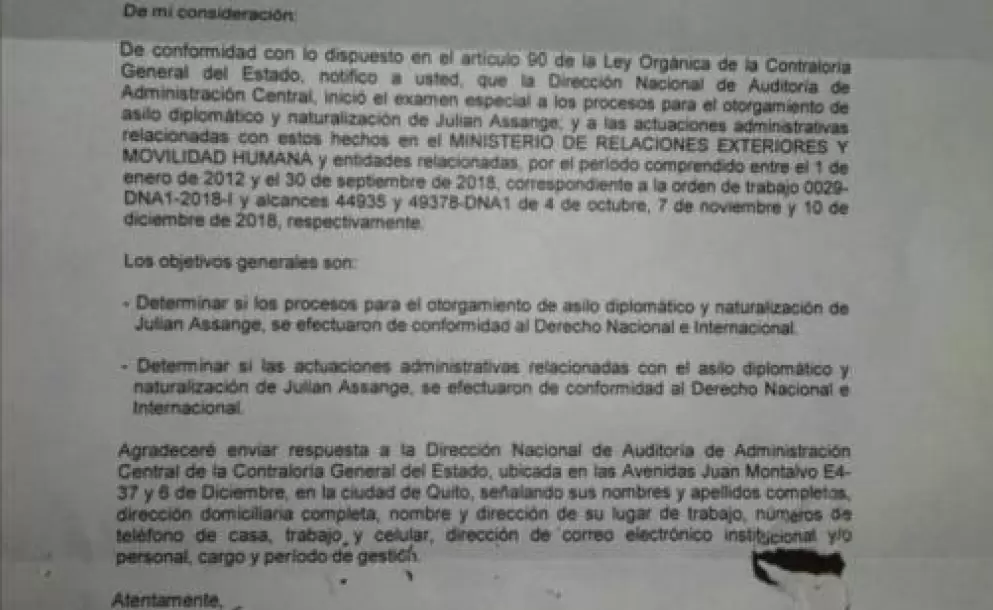 Contraloría General inicia examen especial al otorgamiento de asilo y naturalización de Assange