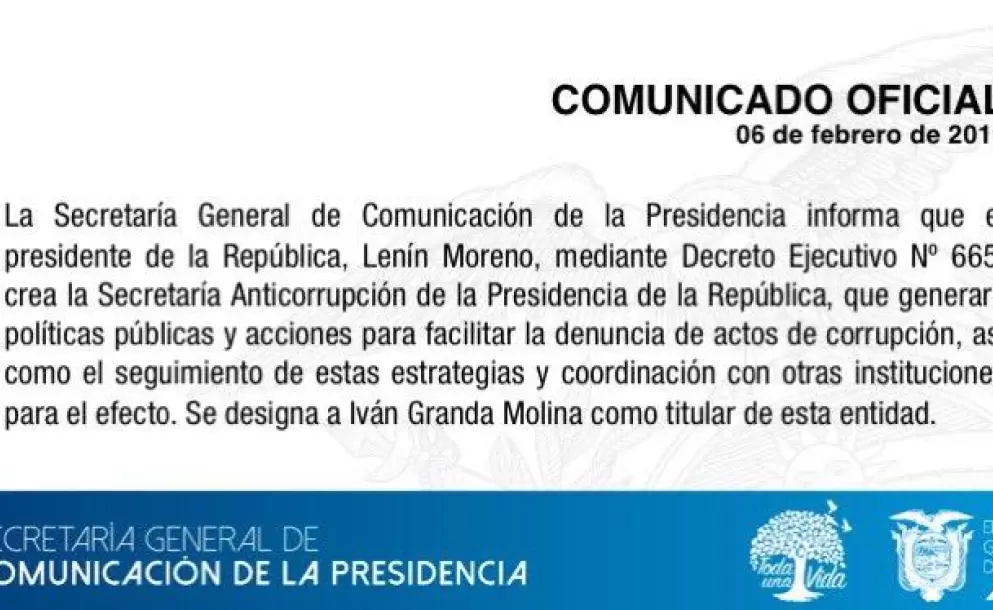 El presidente Lenn Moreno crea la Secretara Anticorrupcin