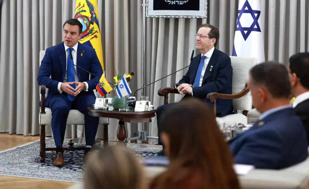 El presidente Daniel Noboa, durante una reunin bilateral con el presidente de Israel, Issac Herzog.