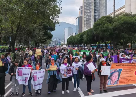 Organizaciones de mujeres recorren la avenida Patria, en el centro norte de Quito, el 25 de noviembre de 2025.
