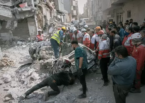 El lugar donde se encontraba un edificio residencial alcanzado por un ataque a�reo durante la noche en Tabriz, al noroeste de Ir�n.