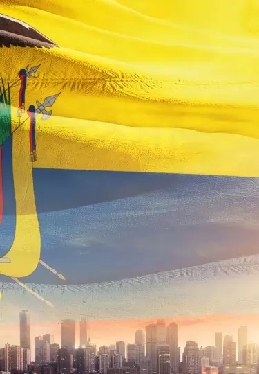 Bandera nacional de Ecuador extendi�ndose por todo el cielo con un moderno horizonte.
