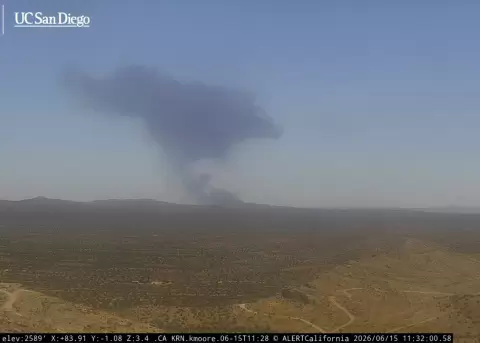 Smoke rises near Edwards Air Force Base after a US Air Force B-52 bomber crashed on June 15, 2026.