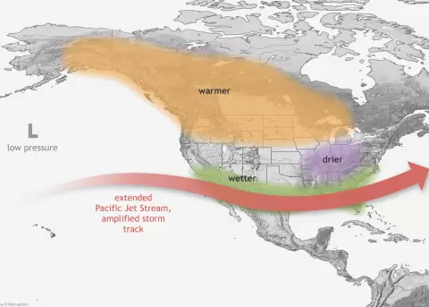 This map shows the typical impacts of El Nino to the continental U.S. and Canada during Northern Hemisphere winter.