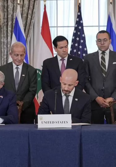 US Secretary of State Marco Rubio looks on as State Department Counselor Daniel Holler, Israel's Ambassador to the U.S. Yechiel Leiter and Lebanon's A
