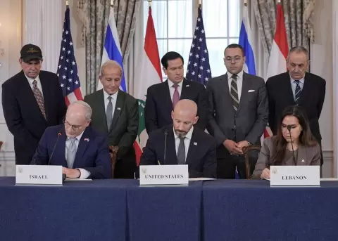 US Secretary of State Marco Rubio looks on as State Department Counselor Daniel Holler, Israel's Ambassador to the U.S. Yechiel Leiter and Lebanon's A