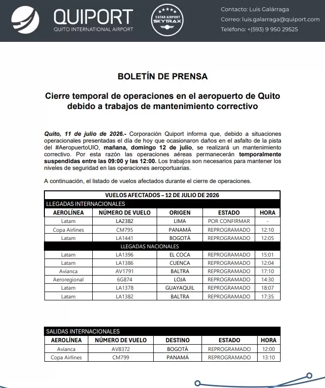 Lista de vuelos afectados por mantenimientos correctivos.