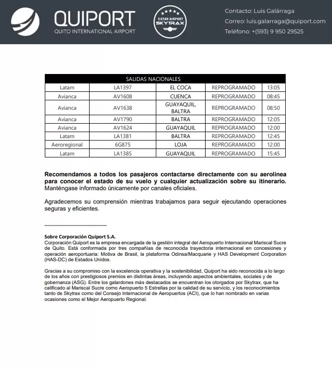 Lista de vuelos afectados por mantenimientos correctivos.