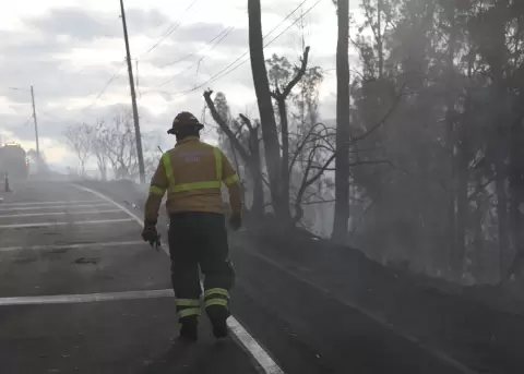 Un bombero camina en la Av. Velasco Ibarra, en el centro de Quito, tras el incendio forestal en La Vicentina.