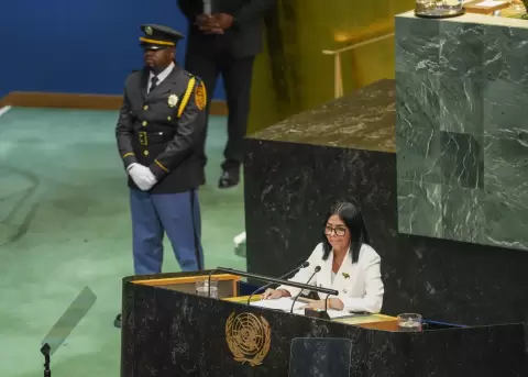 La presidenta encargada de Venezuela, Delcy Rodr�guez, habla durante la 81� Asamblea General de Naciones Unidas en Nueva York (Estados Unidos).