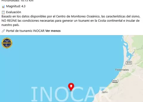 Un sismo de magnitud 4.3 se registr� la tarde de este mi�rcoles 14 de octubre frente a las costas de Manab�.